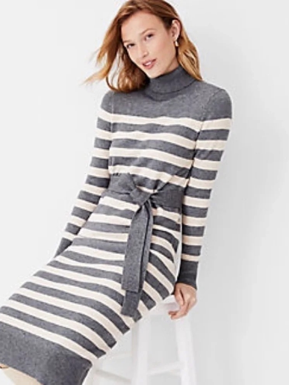 Ann Taylor Gray & Cream Striped Turtleneck Waist-Tie Knit Dress